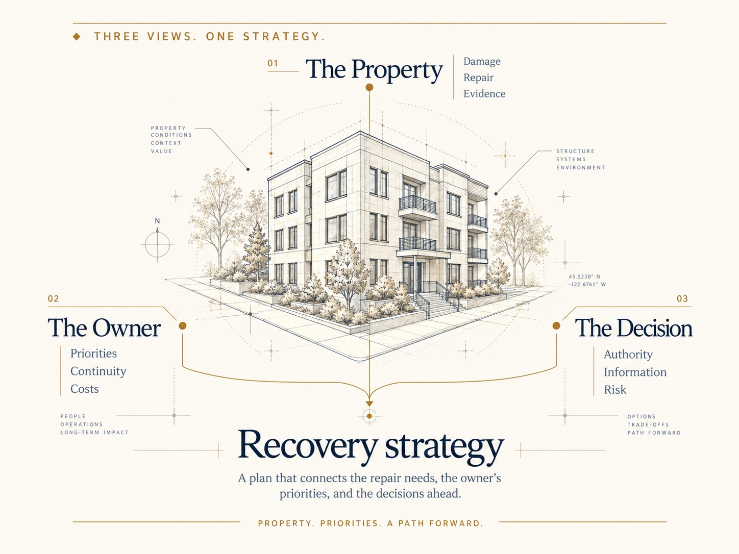 Architectural drawing connecting the property, the owner, and the decision to a recovery strategy.