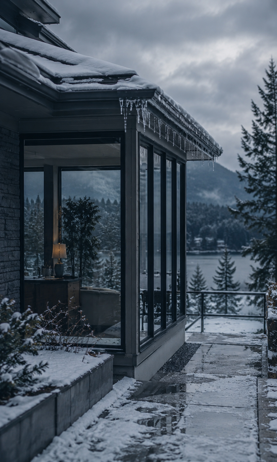 Snow-covered home exterior with icicles after winter weather loss
